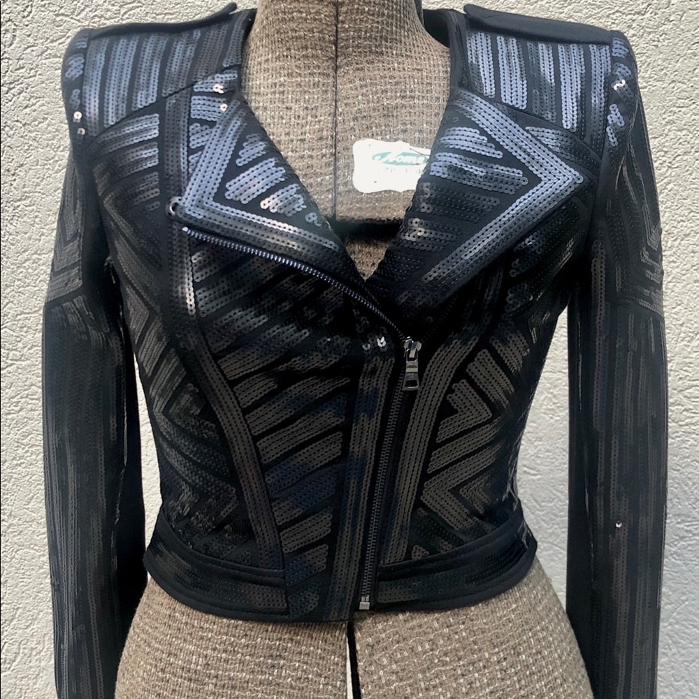 BCBGMAXAZRIA SUVI GEO SEQUINED BLACK JACKET XXS